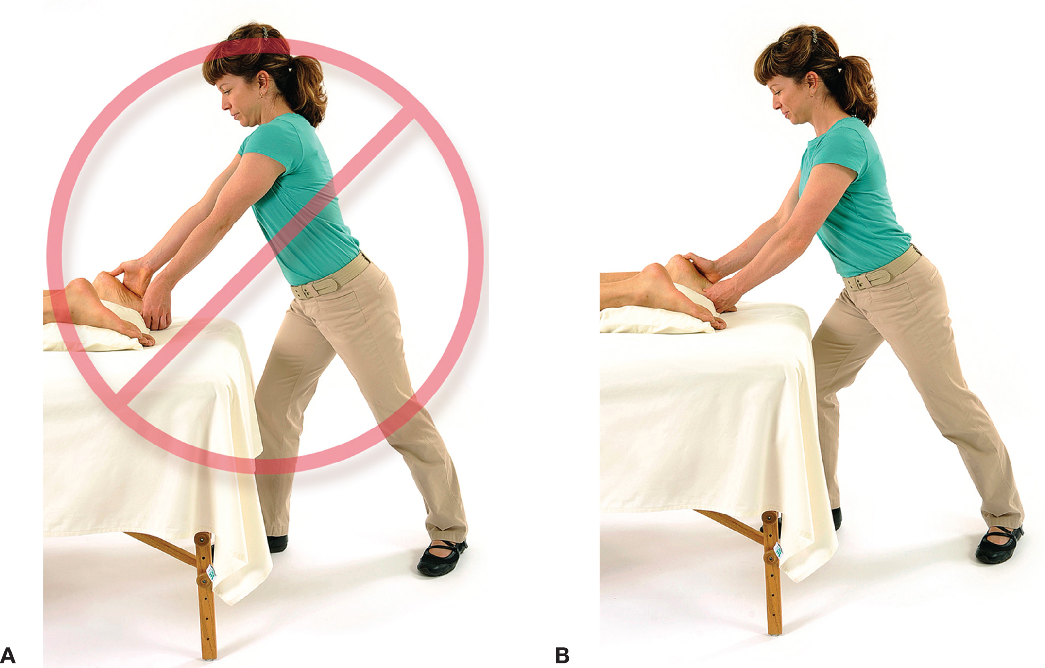 a) Avoid locking your elbows. b) To avoid locking your elbows, keep your elbows facing sideways.