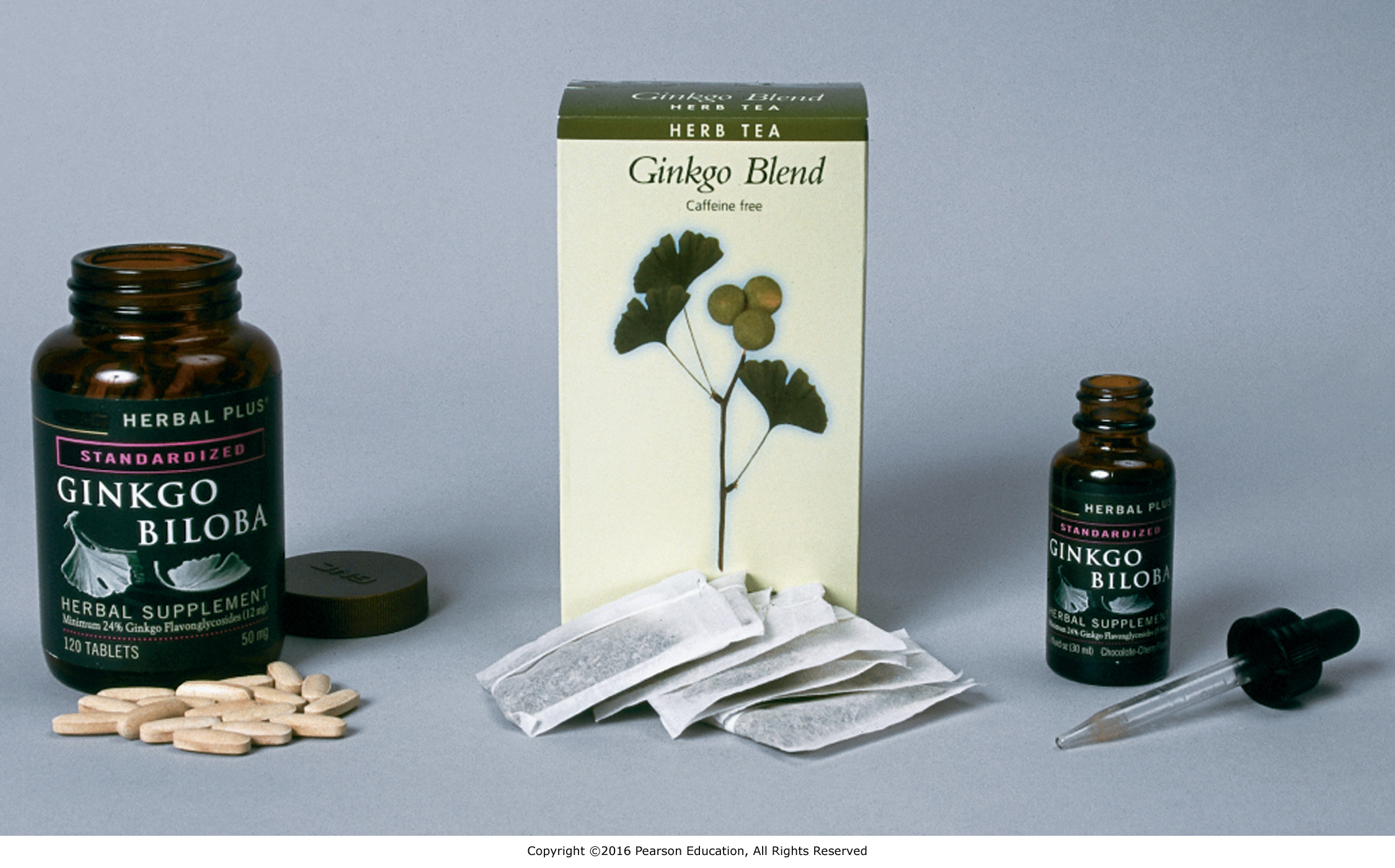 Three different ginkgo formulations: tablets, tea bags, and liquid extract.