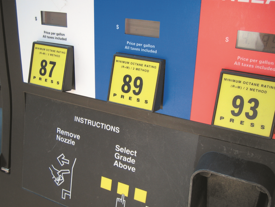 A pump showing regular with a pump octane of 87, plus rated at 89, and premium rated at 93. These ...