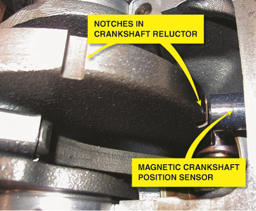 A typical magnetic crankshaft position sensor.