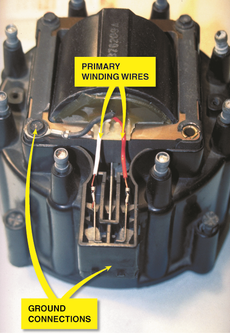 A typical General Motors HEI coil installed in the distributor cap. When the coil or distributor cap ...