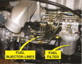 A typical distributor-type diesel injection pump showing the pump, lines, and fuel filter.