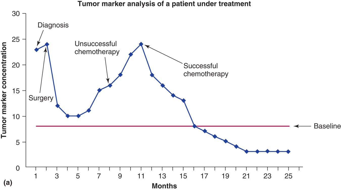 Tumor marker analysis of a patient undergoing therapy, who (1) after surgery had residual disease ...