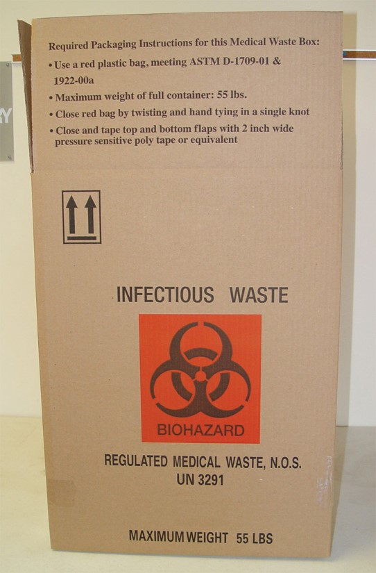 Typical box used for the disposal of bagged, sealed, and autoclaved biological waste.