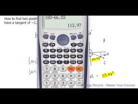 How to find two positive angles less than 360° that have a tangent of −2.25