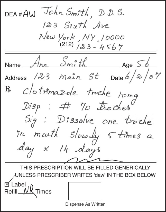 Sample prescriptions of drugs for oral fungal infections.