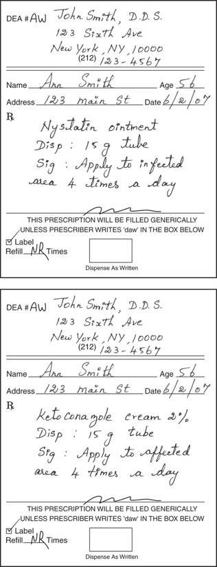 Sample prescriptions of drugs for oral fungal infections.