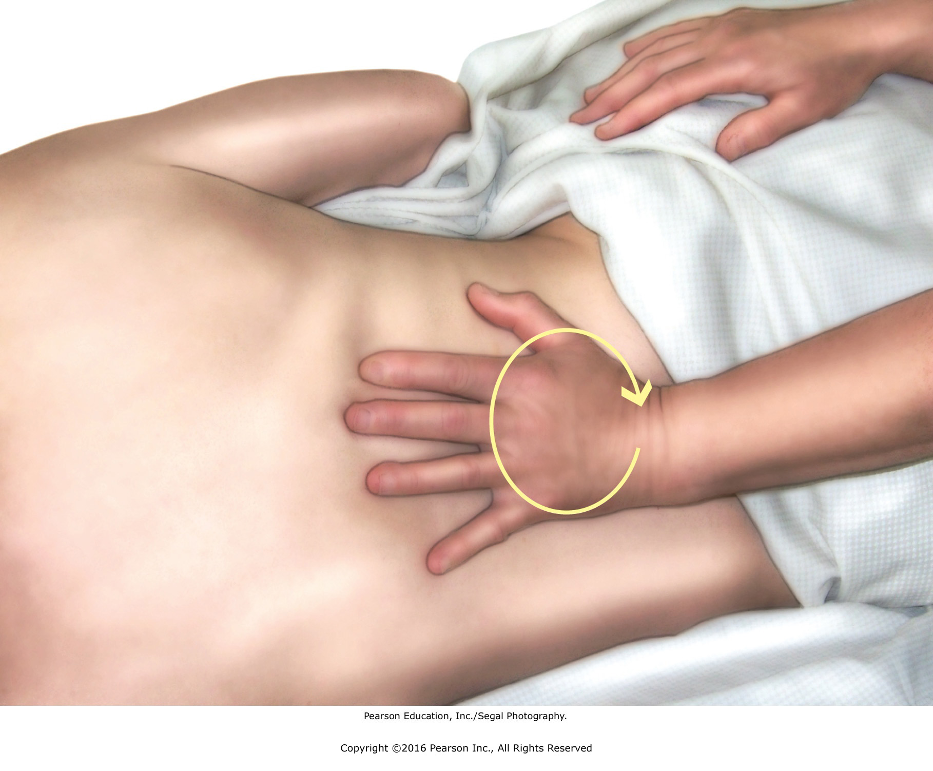 Ayurvedic massage. Sliding circles at the seat of Vata, recipient in side-lying position.