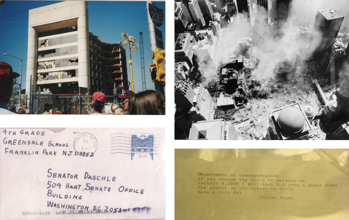 Four terrorist incidents. Clockwise from top left: the Alfred P. Murrah Federal Building after ...