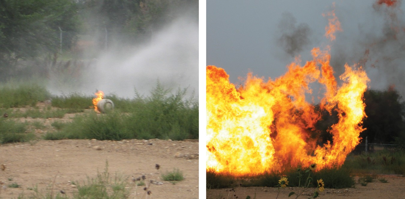 A boiling-liquid, expanding-vapor explosion (BLEVE). The burning propane cylinder on the left is not ...