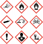 Nine labels used to identify hazardous materials in the Global Harmonization System (GHS). Top row: ...