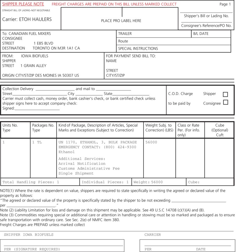 An example of the shipping paper used in over-the-road transportation.