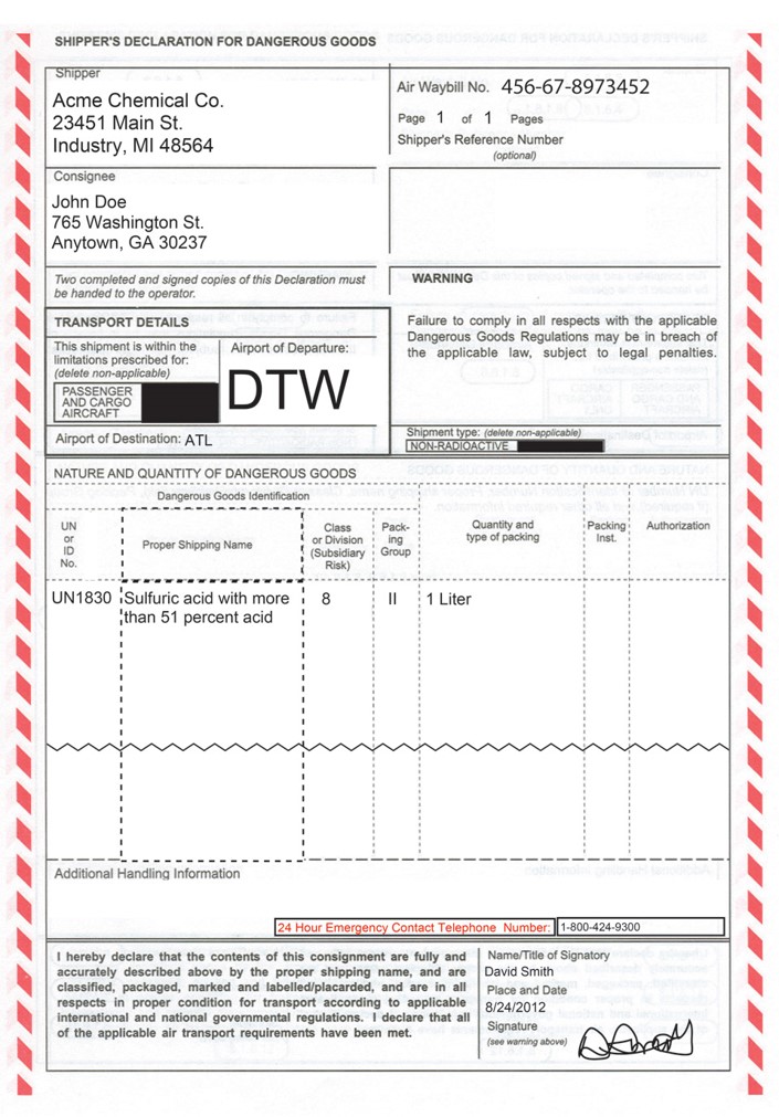 Shippers Declaration for Dangerous Goods