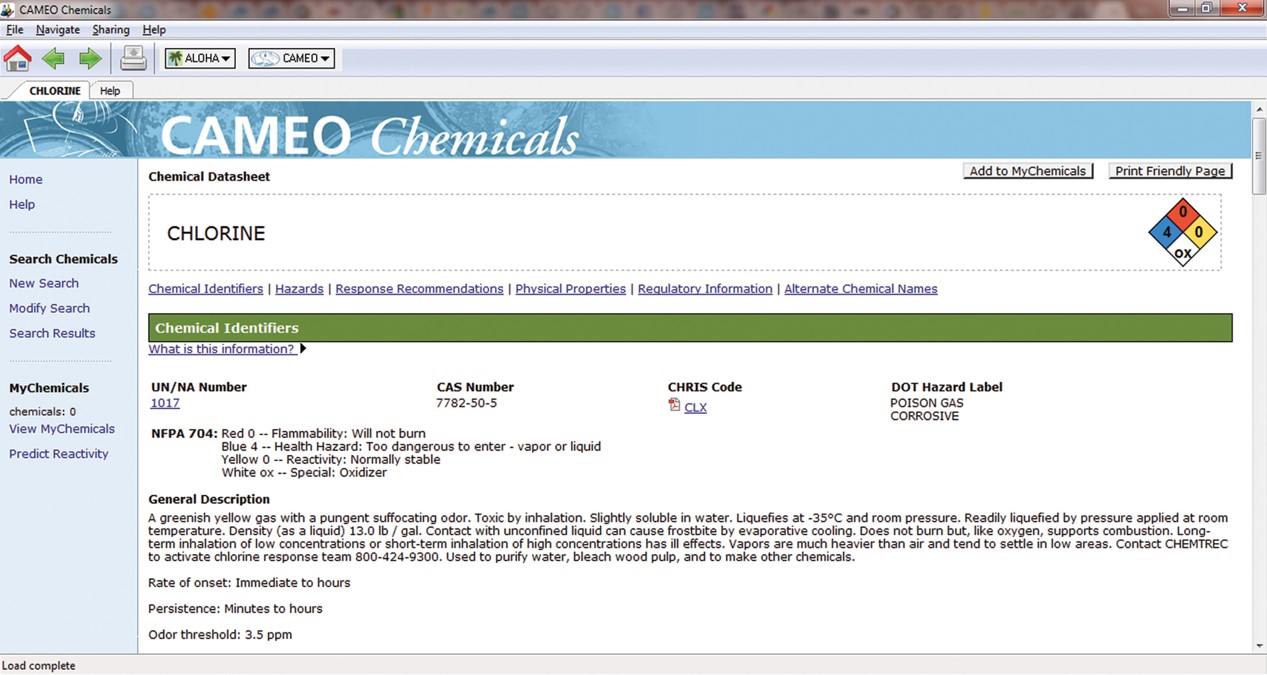 The CAMEO entry for chlorine. Useful information includes chemical and physical properties, personal ...