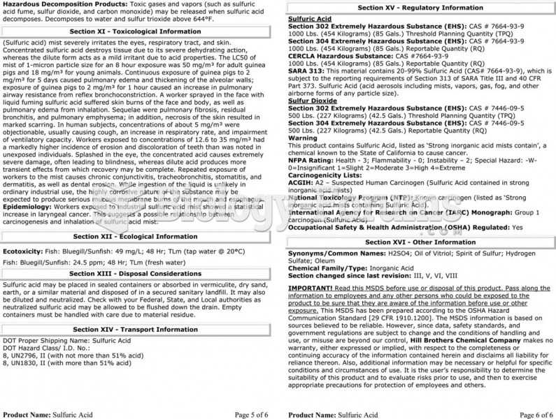 The material safety data sheet (MSDS) for sulfuric acid showing the detailed technical information ...