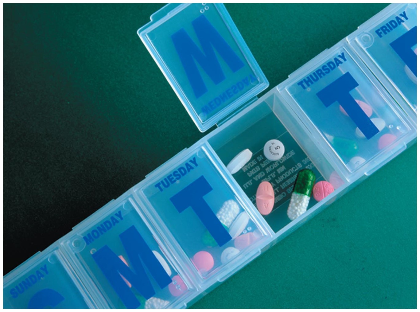 Daily pill containers like this one are often used by the elderly to remind them