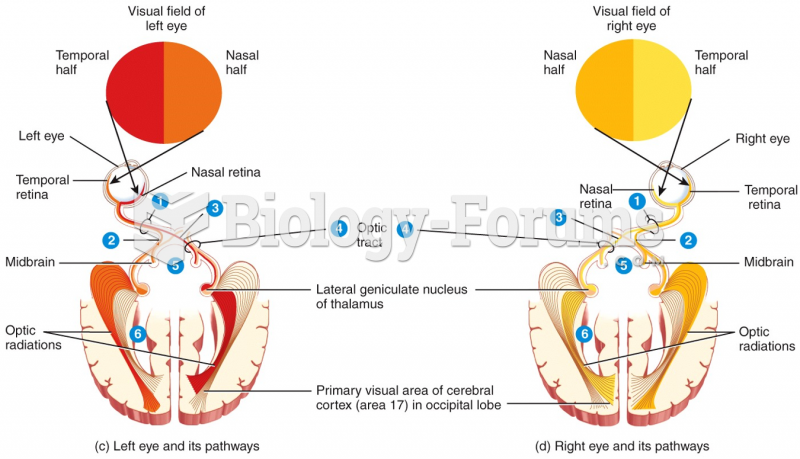 The two visual fields of each eye are nasal (medial) and temporal (lateral)