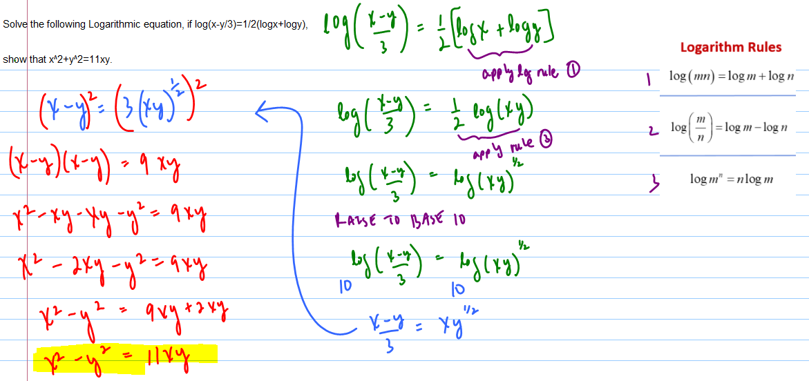 Solve The Following Logarithmic Equation If Log X Y 3 1 2 Logx Logy Biology Forums Gallery