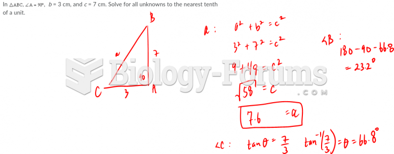 In ABC, A=90, b=3 cm, c=7 cm. Solve for all unknowns to the nearest tenth of a unit.