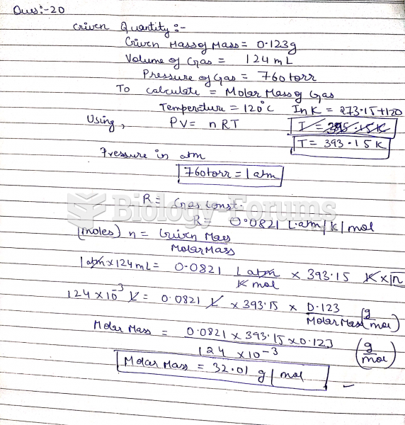 0.123 g of a gas occupy a volume of 124 mL at 120. °C and 760. torr. Its molar mass is ...