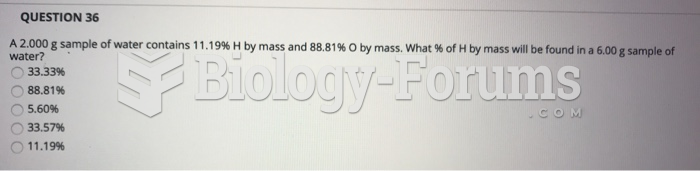 A 2.000 g sample of water contains 11.19% H by mass and 88.81% O by mass. What mass of H will ...