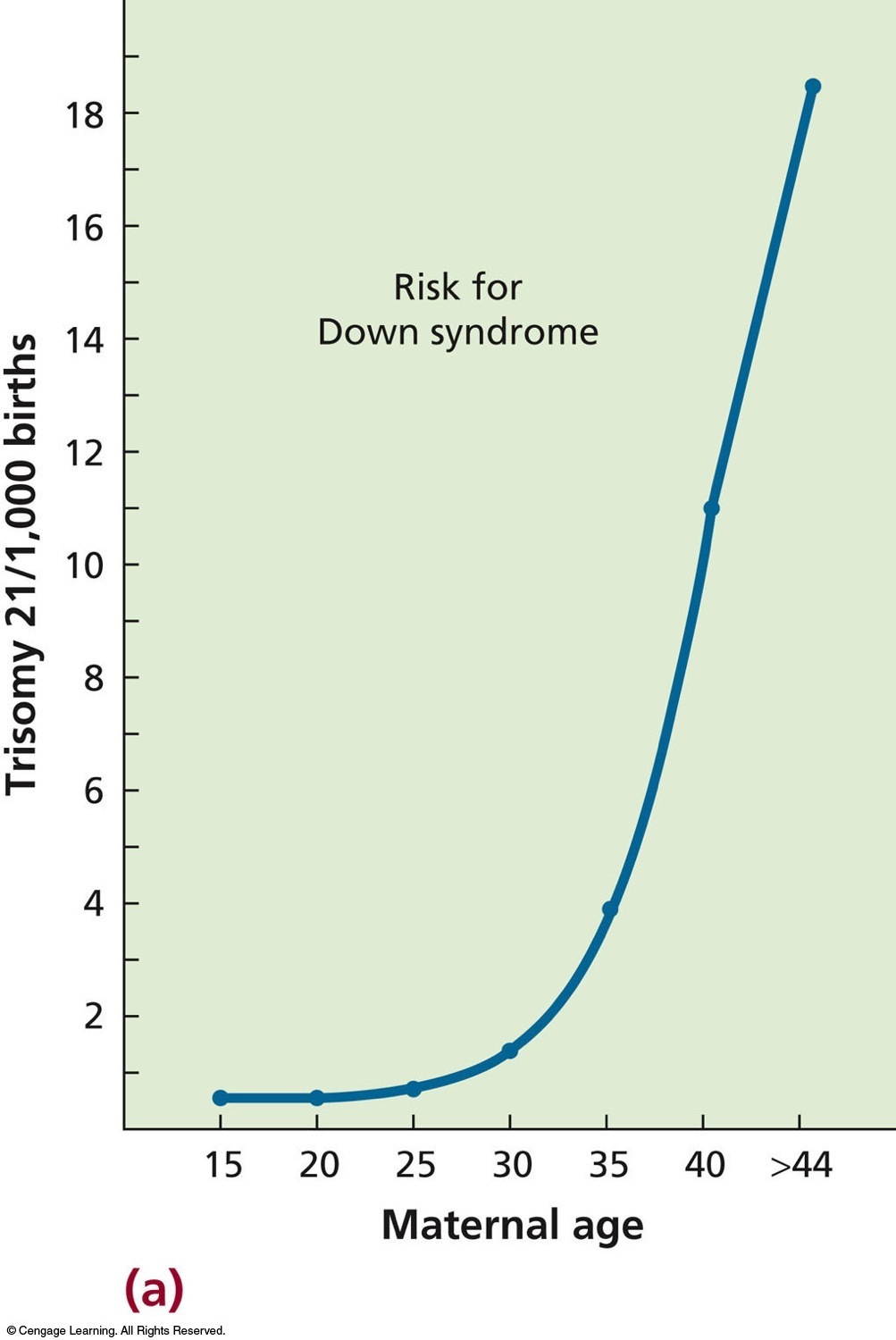 The relationship between maternal age and the frequency of trisomy 21 (Down syndrome). The risk incr