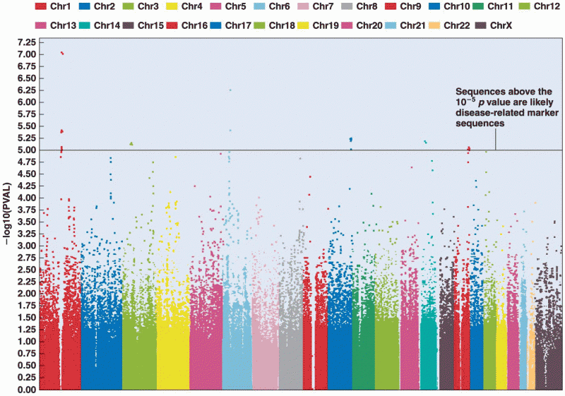A GWAS study for Type 2 diabetes revealed 386,371 genetic markers, clustered here by chromosome numb