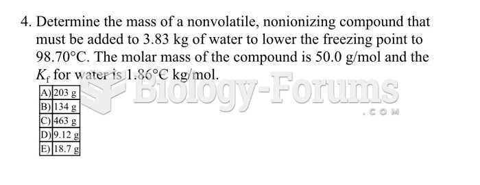 Determine the mass of a nonvolatile, nonionizing compound that must be added to 4.76 kg of ...