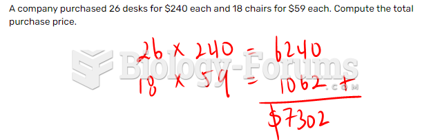 A company purchased 26 desks for $240 each and 18 chairs for $59 each. Compute the total ...