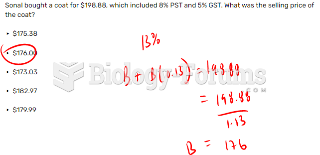 Sonal bought a coat for $198.88, which included 8% PST and 5% GST. What was the selling price ...