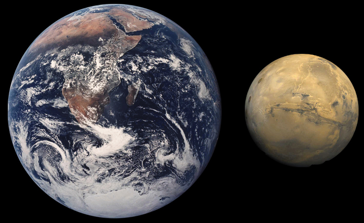 Size comparison of Earth and Mars.