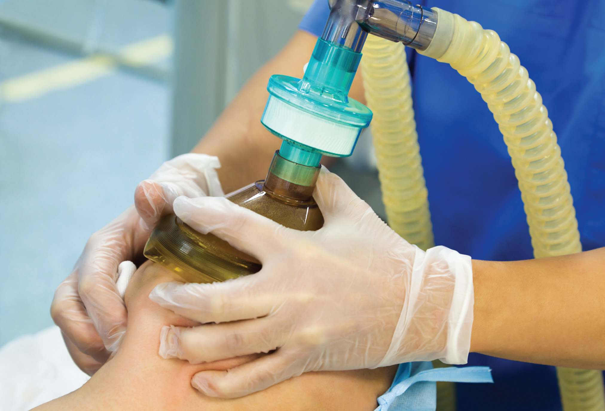 Mechanical ventilation. The photograph shows a patient receiving breathing assistance by the use of 