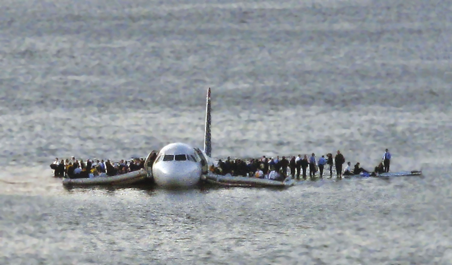 US Airways Flight 1549 floats in New York’s Hudson River after collisions with geese incapacitated ...