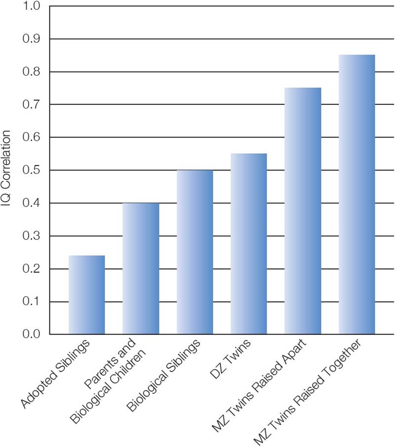 IQ and Genetics  The closer the genetic relationship, the higher the correlation in IQ. Based on: Br