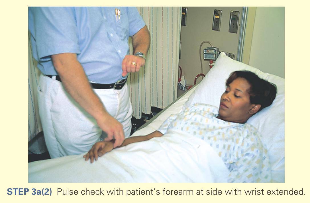 Pulse check with paitent's forearm at side