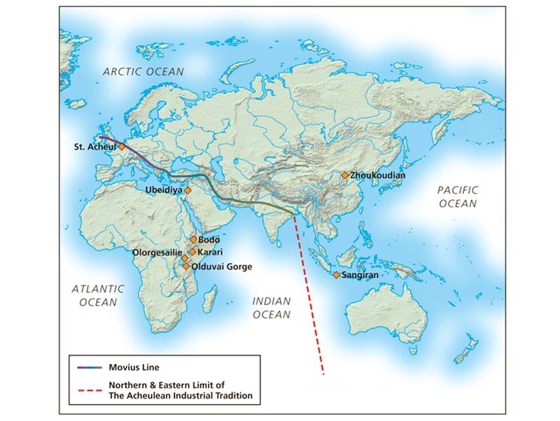 The Movius line separates regions of the world where Acheulean hand axes were made from regions wher