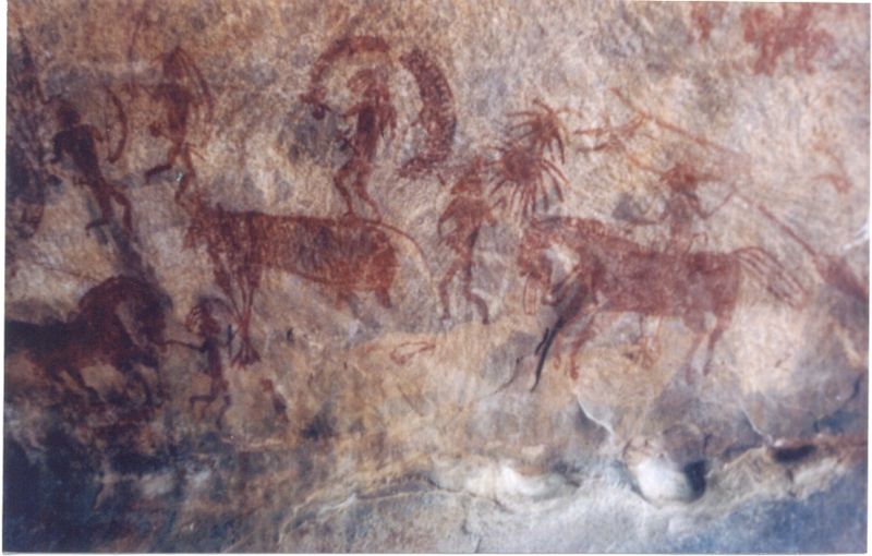 Bhimbetka rock painting showing man riding on horse, India