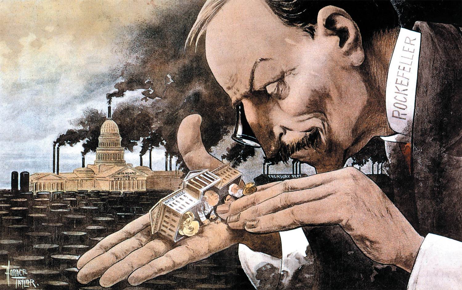 In this 1900 cartoon, oil baron John D. Rockefeller holds the White House in the palm of his hand wh