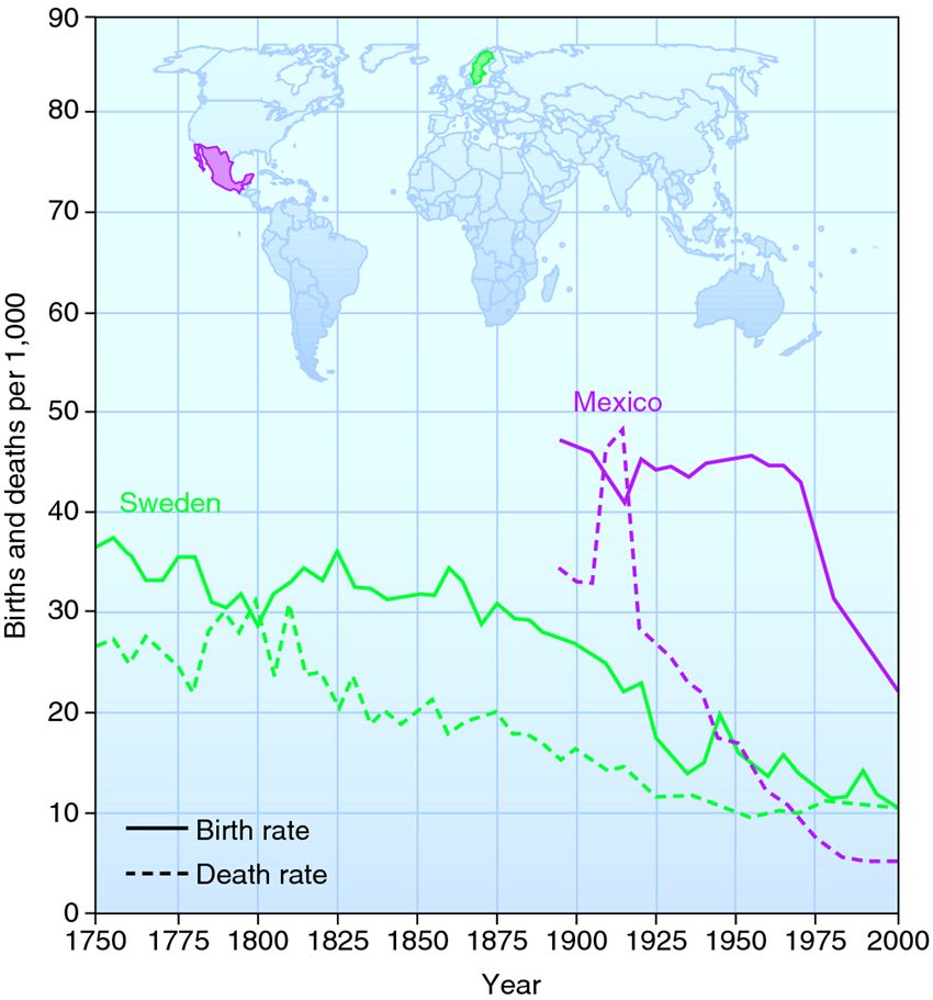 The demographic transition in Sweden and Mexico.