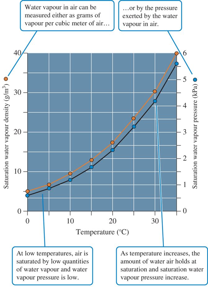 The relationship between air temperature and two measures of water vapour saturation of air.