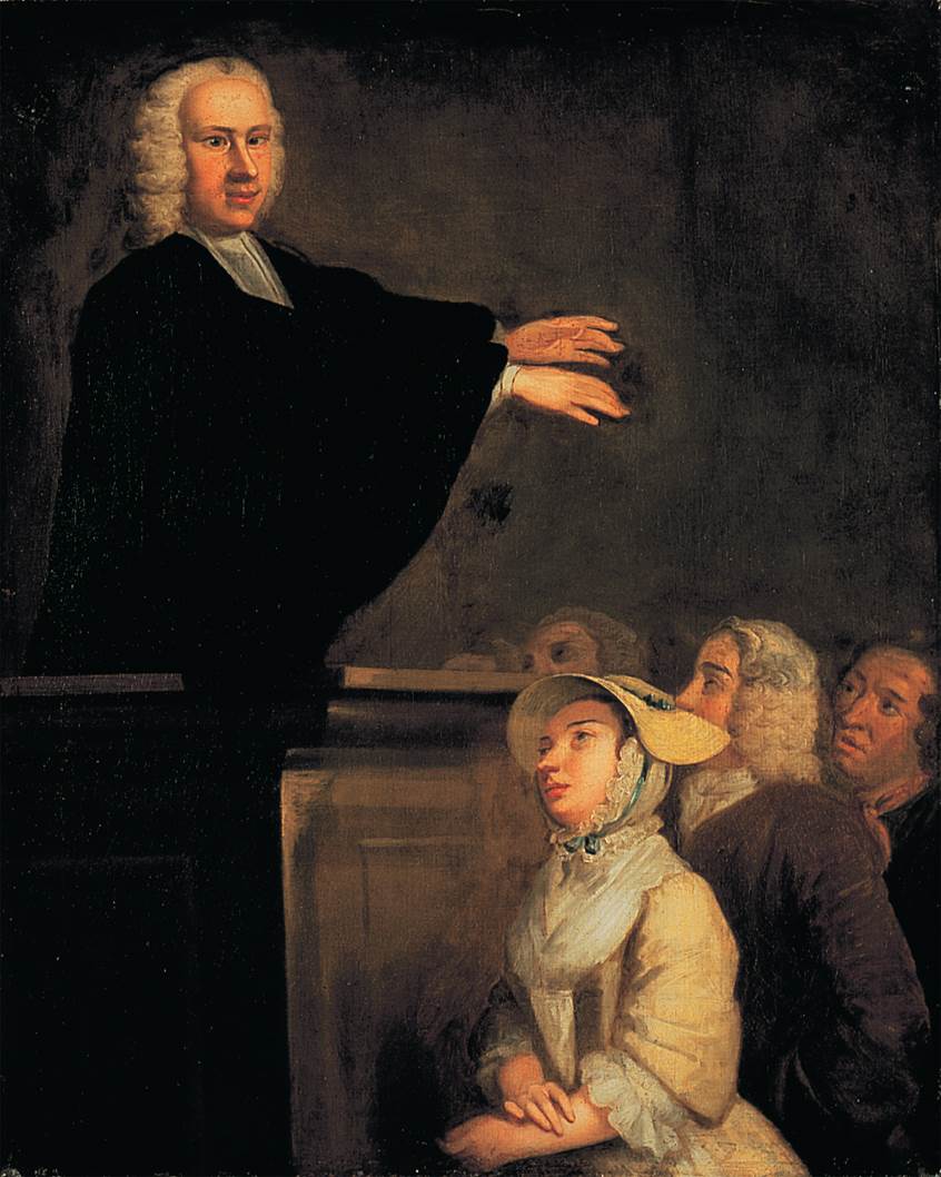 In this painting evangelist George Whitefield appears to be cross-eyed. This is no fault of John Wol