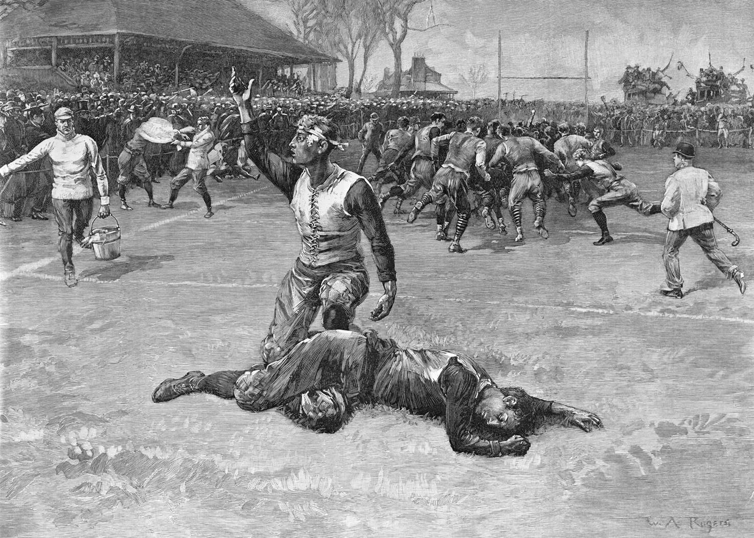 W. A. Rogers’s engraving, “Out of the Game,” showed one injured boy tending to another. It appeared 