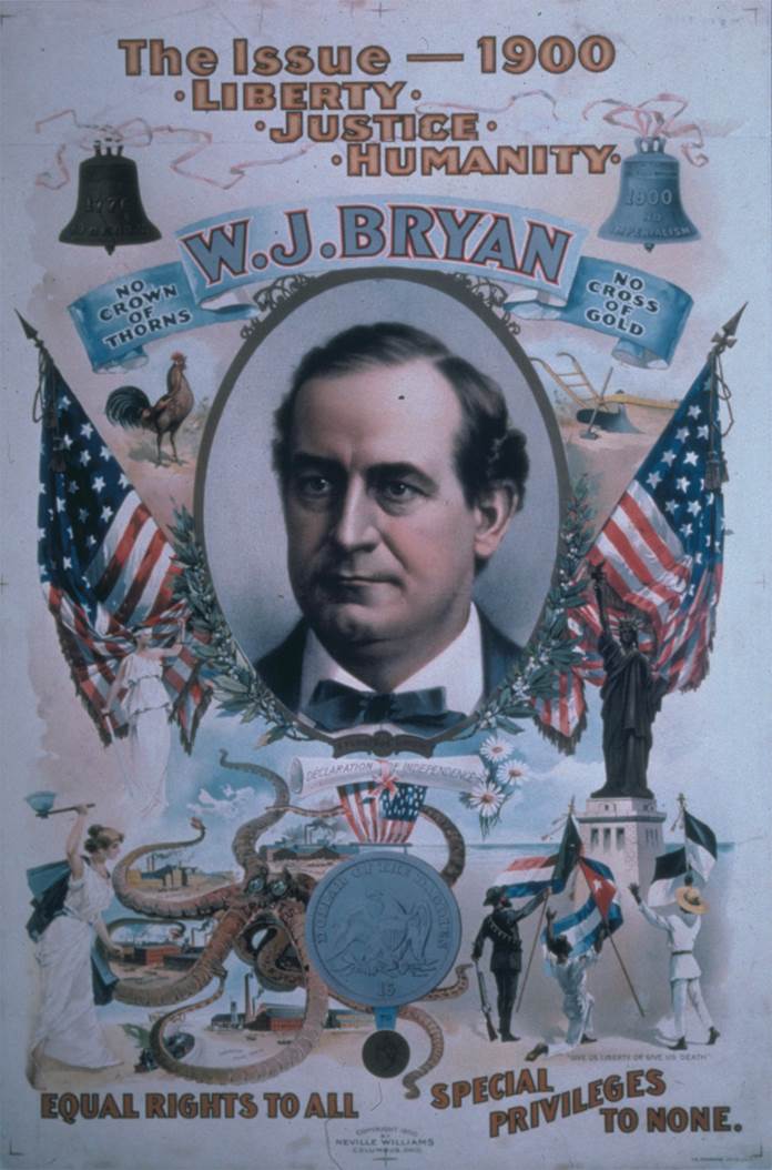 A William Jennings Bryan poster alludes to religion: “no crown of thorns” and no “cross of gold.” Br
