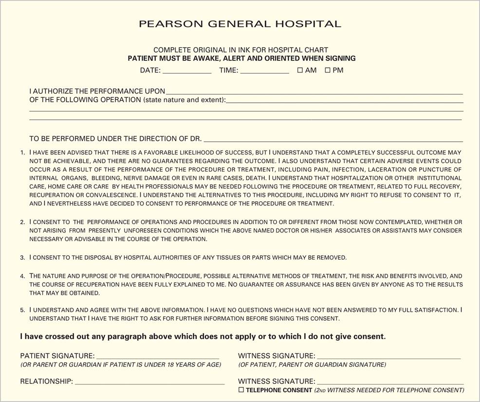 Sample of an informed consent to perform an operation, sedation, anesthesia, and other medical servi