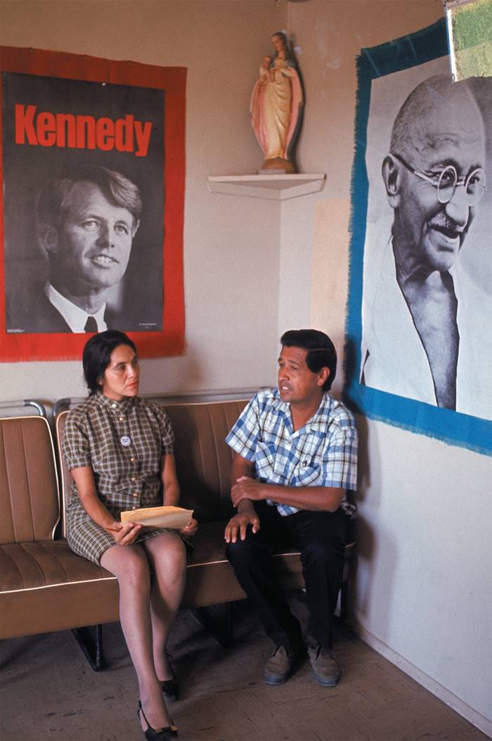 Dolores Huerta and Cesar Chavez, leaders of the United Farm Workers, discuss their 1968 strike of ...