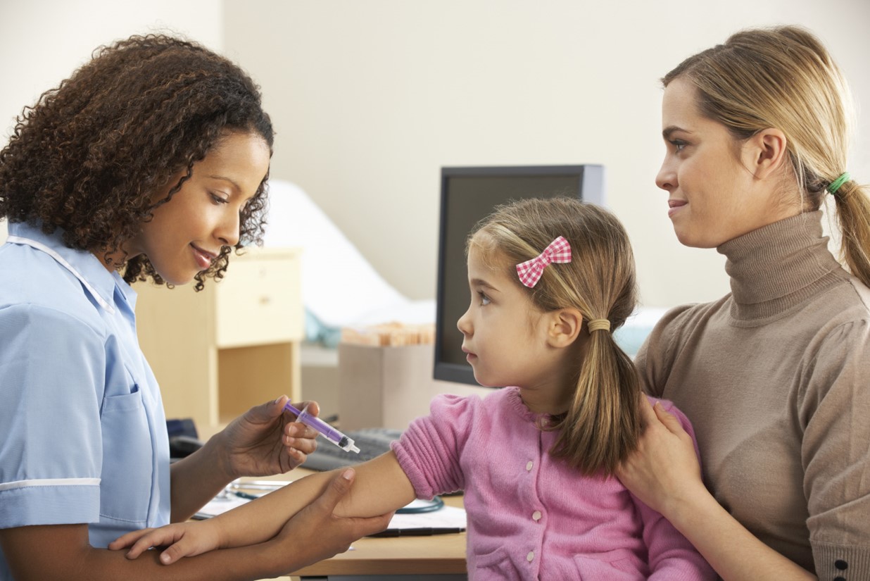 Medical assistant administering an injection. 