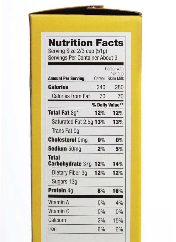 An example of nutrition labeling on a box of cereal. 