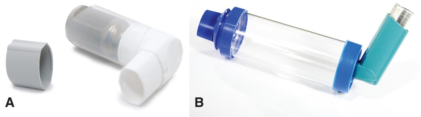 (A) A metered-dose inhaler. (B) A metered-dose inhaler with a spacer. 