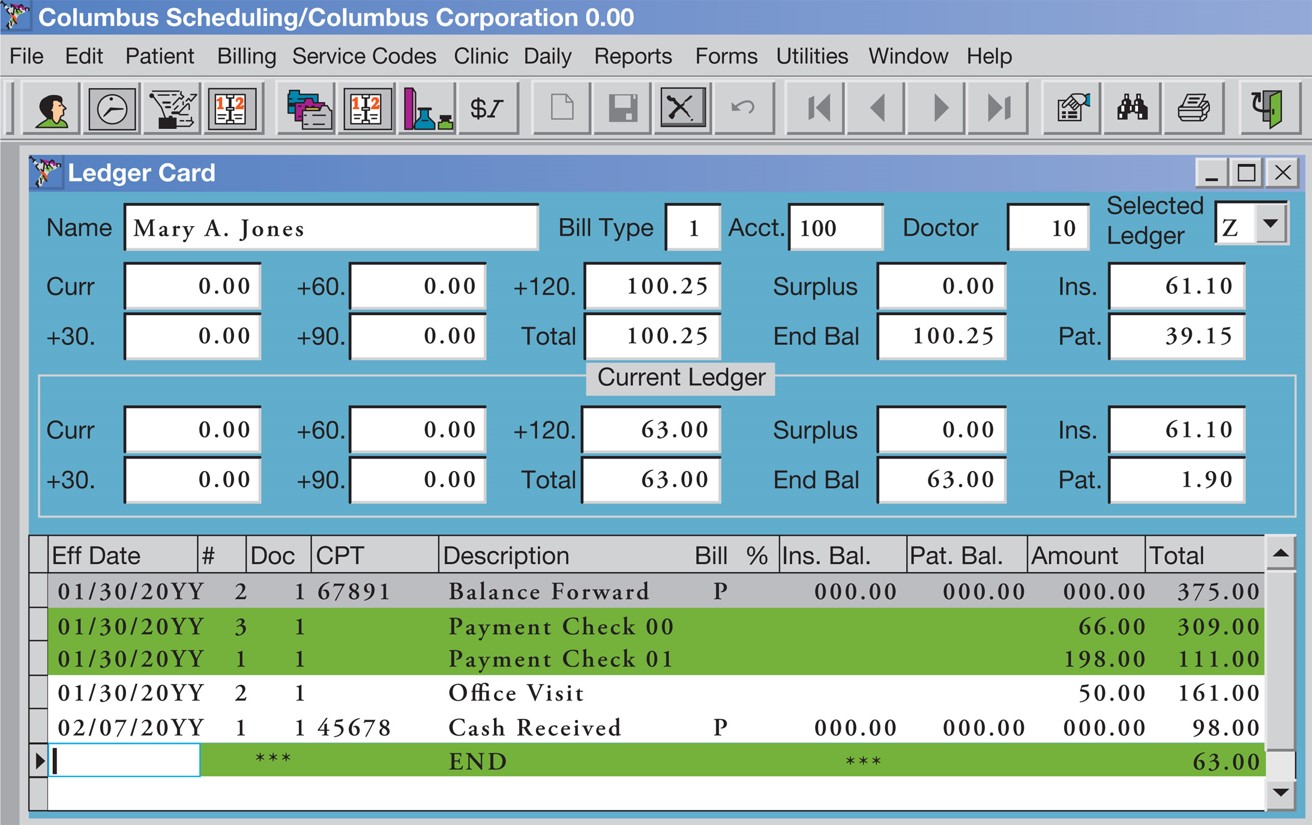 Example of a patient’s ledger in practice management software.