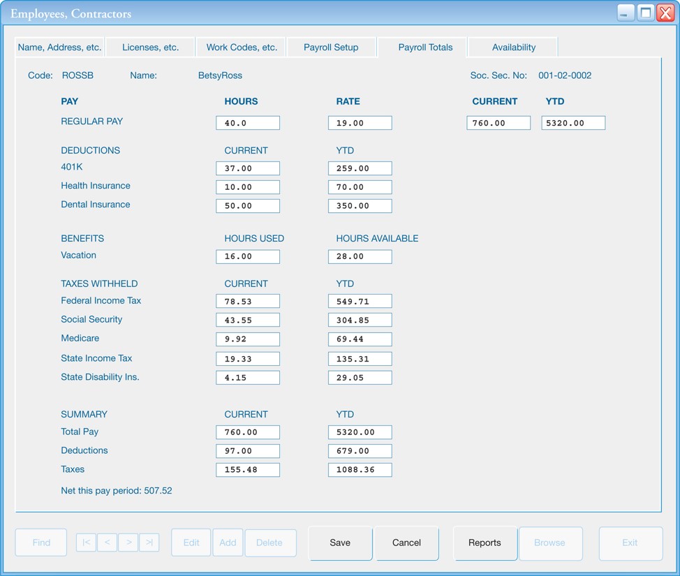 Example of an employee setup screen in a computerized payroll program.